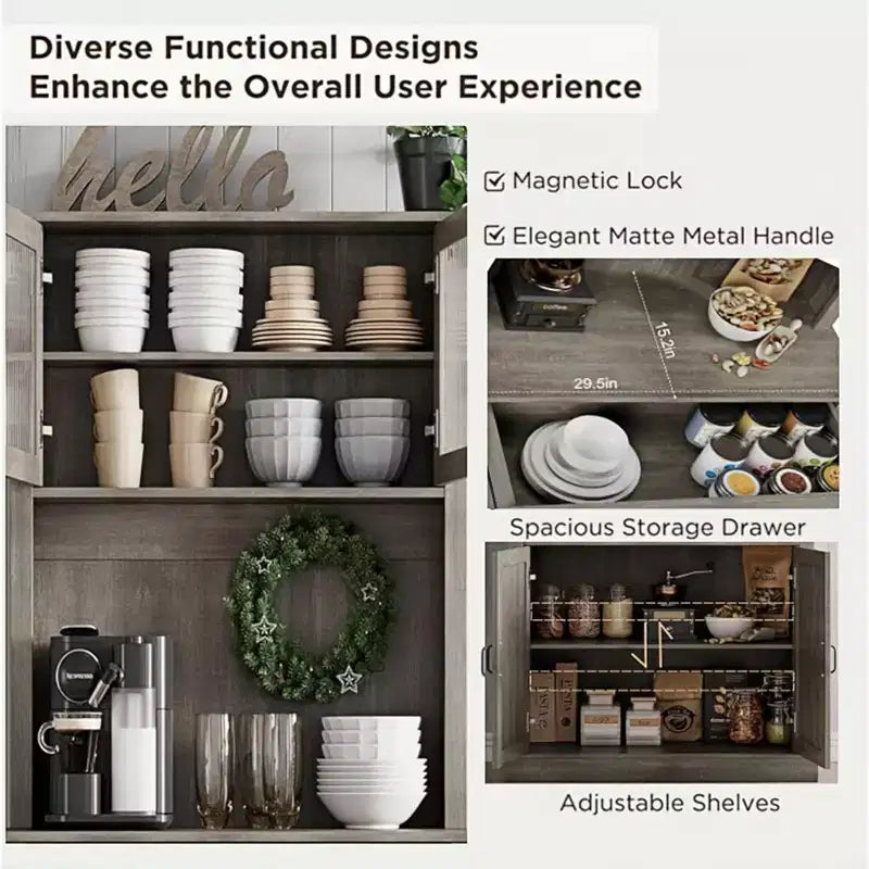 Alacena de cocina independiente gris/blanco de 71" con puertas de vidrio y soporte para microondas