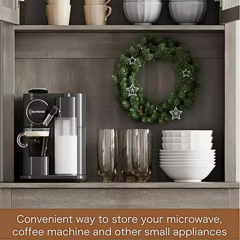 Alacena de cocina independiente gris/blanco de 71" con puertas de vidrio y soporte para microondas