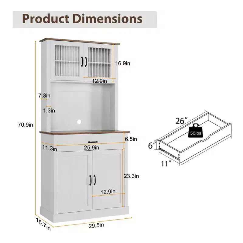 Alacena de cocina independiente gris/blanco de 71" con puertas de vidrio y soporte para microondas
