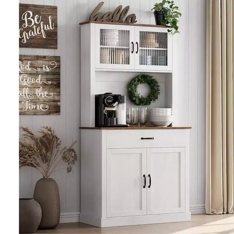 Alacena de cocina independiente gris/blanco de 71" con puertas de vidrio y soporte para microondas
