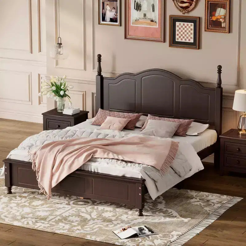 Cama con plataforma de madera retro nogal/blanco con cabecero – Matrimonial/Queen, 2 personas
