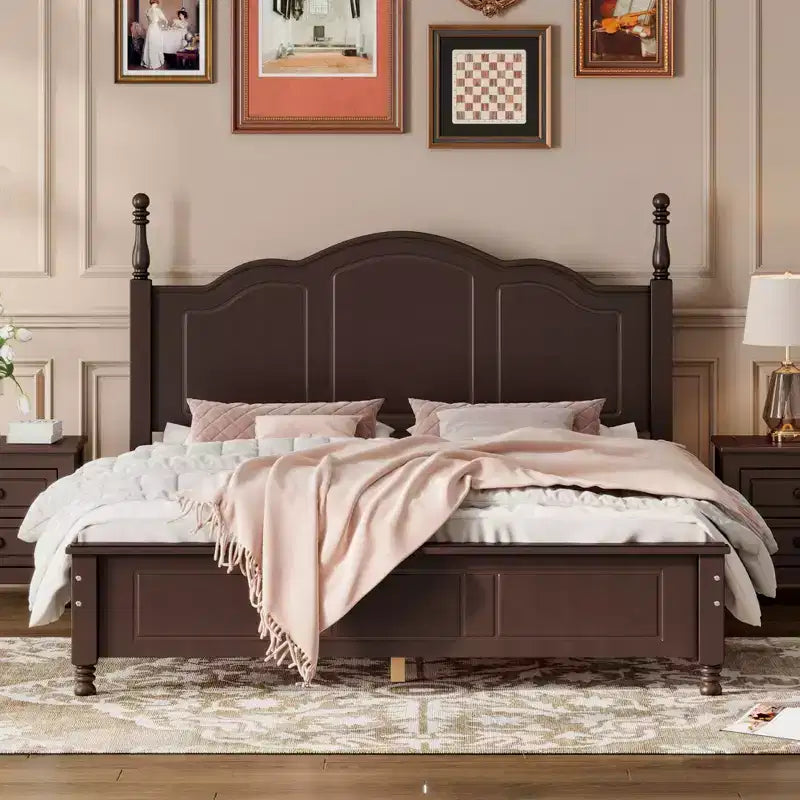 Cama con plataforma de madera retro nogal/blanco con cabecero – Matrimonial/Queen, 2 personas