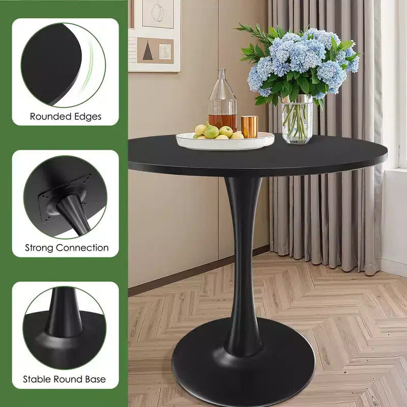 Mesa de comedor redonda negra/marrón/blanca de 80 cm, con tablero de madera, base de metal, con capacidad para 2-4 personas