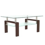 Mesa de centro rectangular de cristal transparente y metal negro con estante inferior