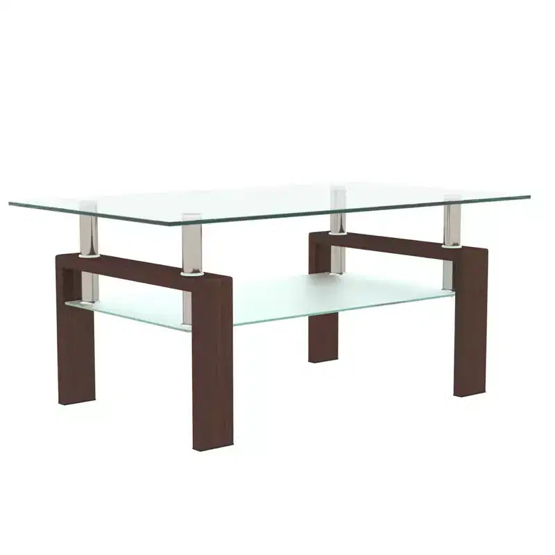 Mesa de centro rectangular de cristal transparente y metal negro con estante inferior