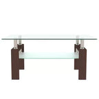 Mesa de centro rectangular de cristal transparente y metal negro con estante inferior