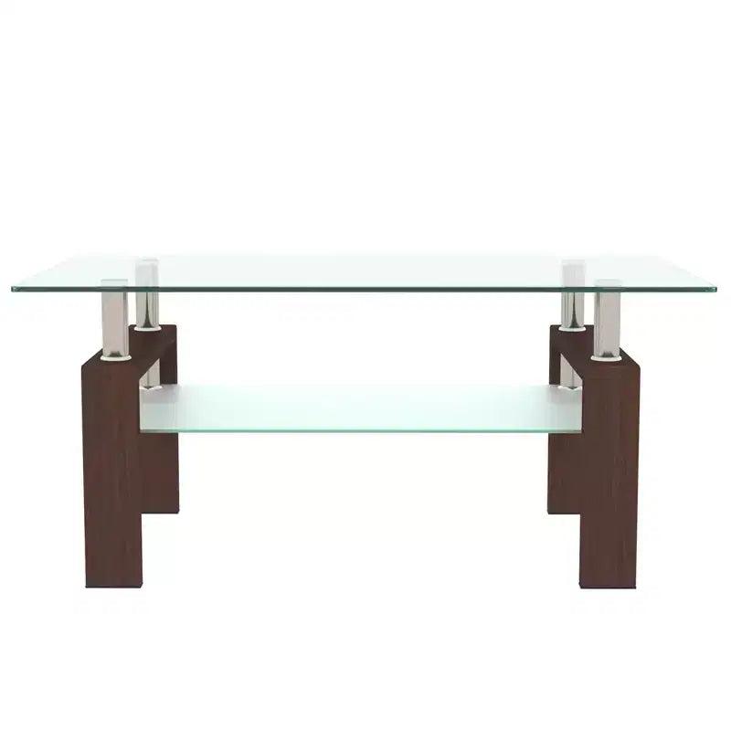 Mesa de centro rectangular de cristal transparente y metal negro con estante inferior
