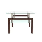 Mesa de centro rectangular de cristal transparente y metal negro con estante inferior