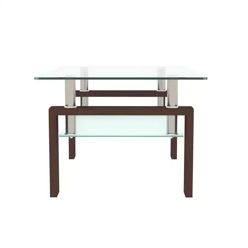 Mesa de centro rectangular de cristal transparente y metal negro con estante inferior