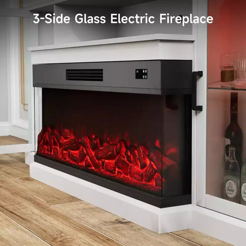 Mueble de TV de casa de campo blanco/negro de 72.8" con chimenea eléctrica de 3 lados, para televisores de hasta 80"