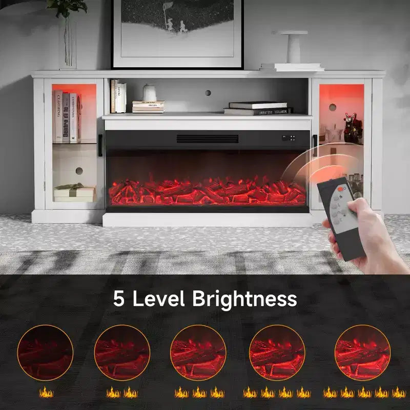 Mueble de TV de casa de campo blanco/negro de 72.8" con chimenea eléctrica de 3 lados, para televisores de hasta 80"