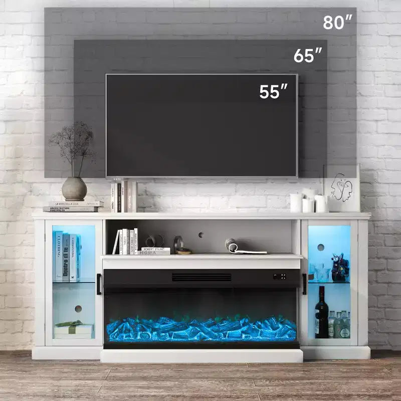 Mueble de TV de casa de campo blanco/negro de 72.8" con chimenea eléctrica de 3 lados, para televisores de hasta 80"