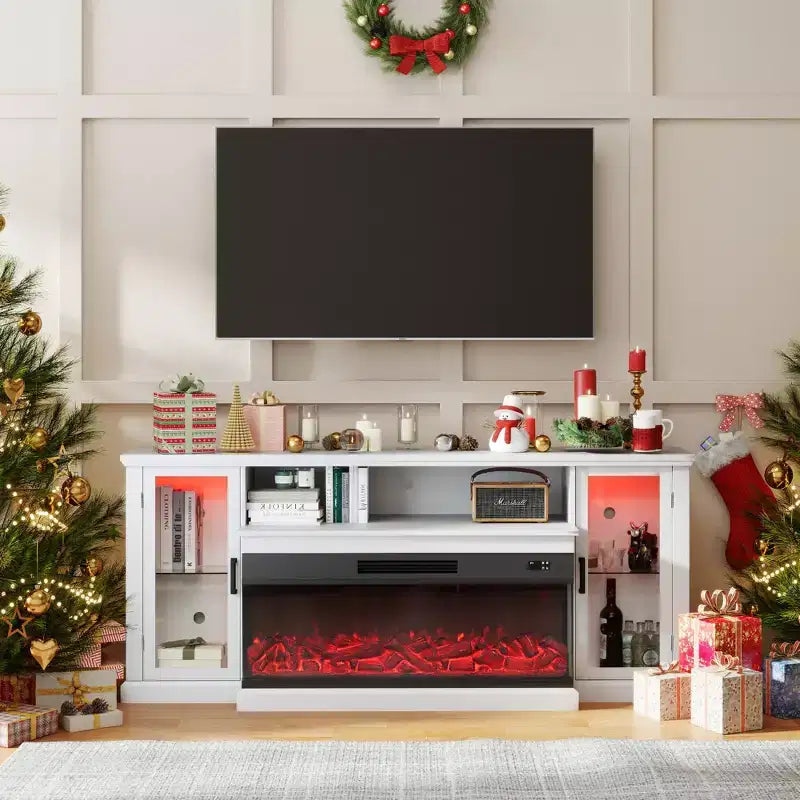 Mueble de TV de casa de campo blanco/negro de 72.8" con chimenea eléctrica de 3 lados, para televisores de hasta 80"