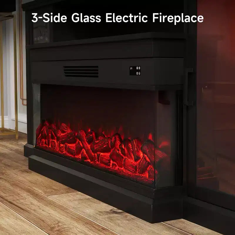 Mueble de TV de casa de campo blanco/negro de 72.8" con chimenea eléctrica de 3 lados, para televisores de hasta 80"