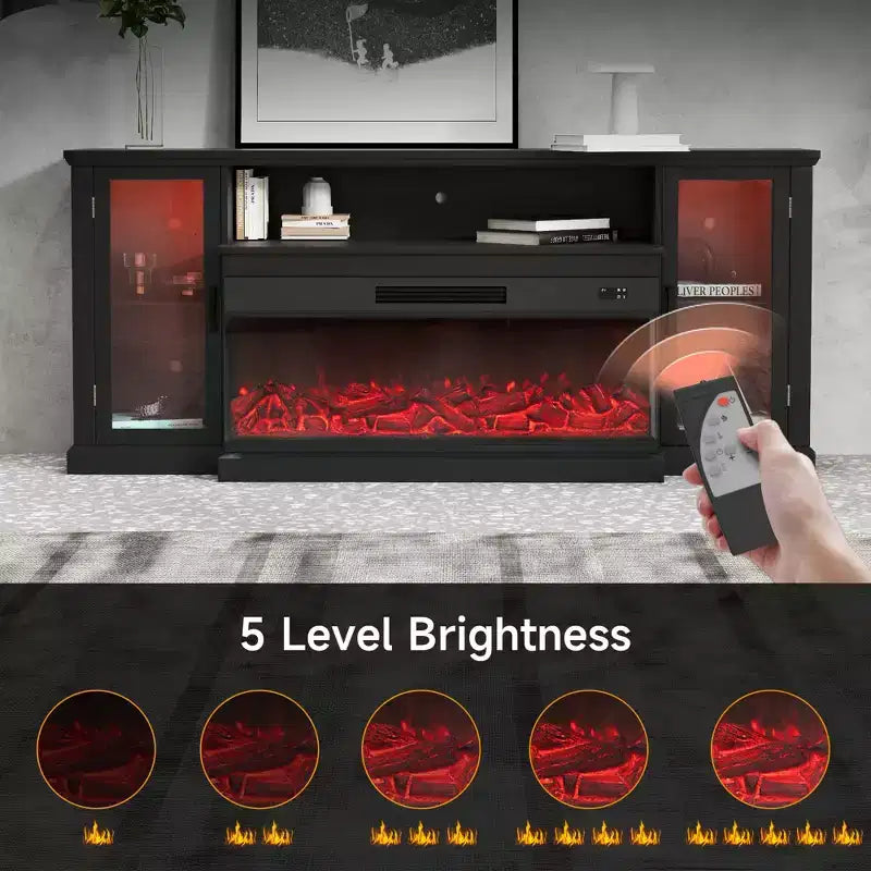 Mueble de TV de casa de campo blanco/negro de 72.8" con chimenea eléctrica de 3 lados, para televisores de hasta 80"