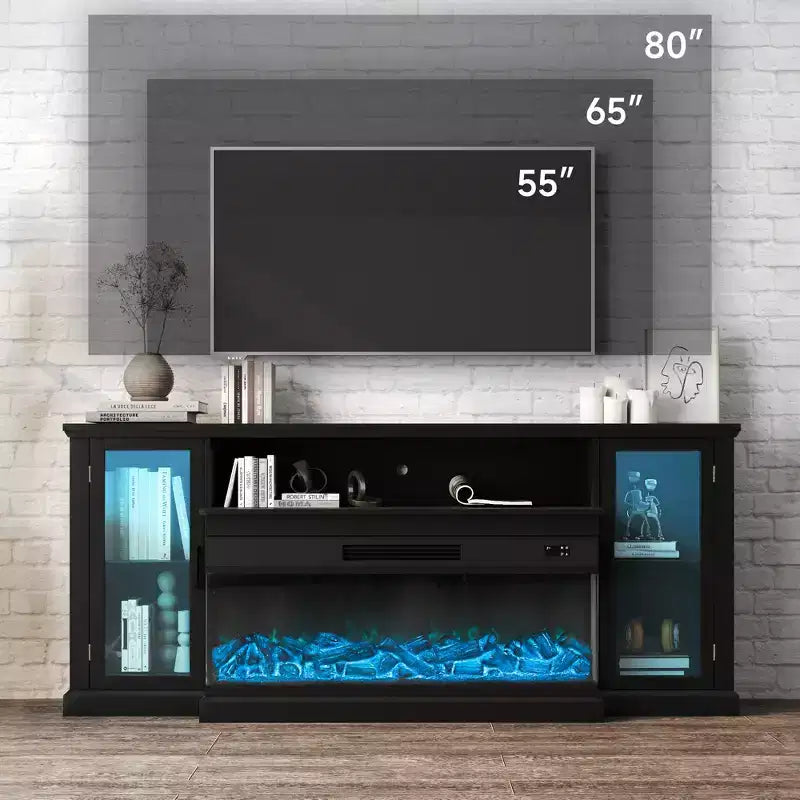 Mueble de TV de casa de campo blanco/negro de 72.8" con chimenea eléctrica de 3 lados, para televisores de hasta 80"