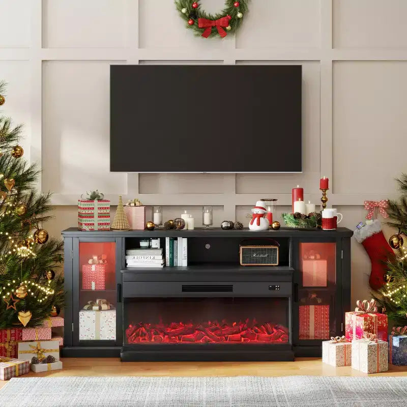 Mueble de TV de casa de campo blanco/negro de 72.8" con chimenea eléctrica de 3 lados, para televisores de hasta 80"