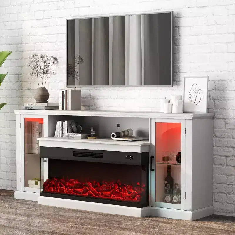 Mueble de TV de casa de campo blanco/negro de 72.8" con chimenea eléctrica de 3 lados, para televisores de hasta 80"