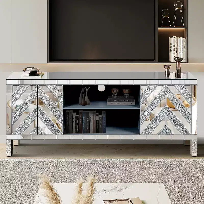 Mueble de TV de mediados de siglo con estante abierto y 2 armarios, apto para hasta 65"