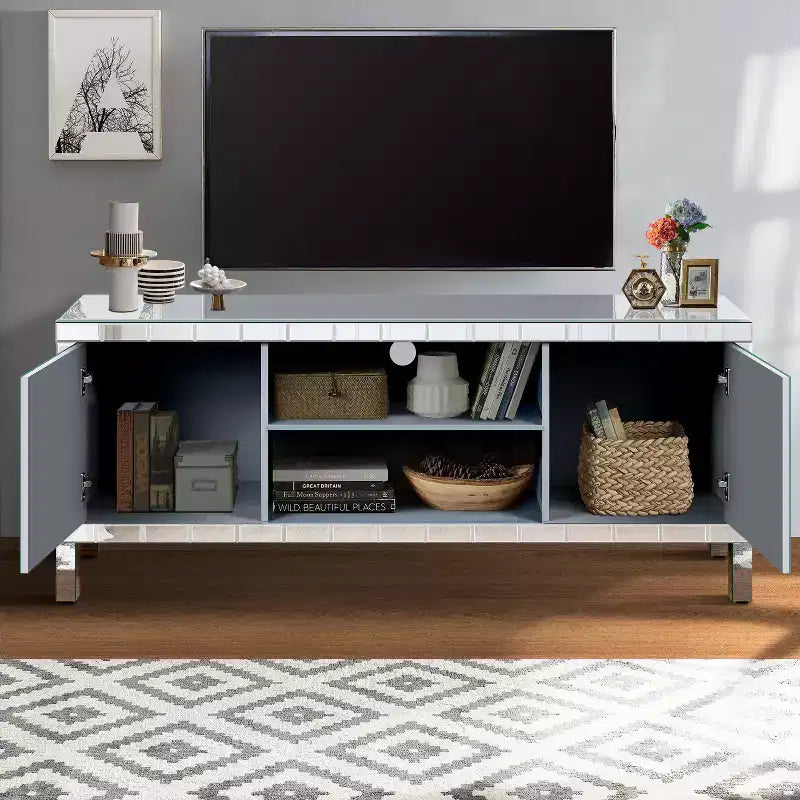 Mueble de TV de mediados de siglo con estante abierto y 2 armarios, apto para hasta 65"