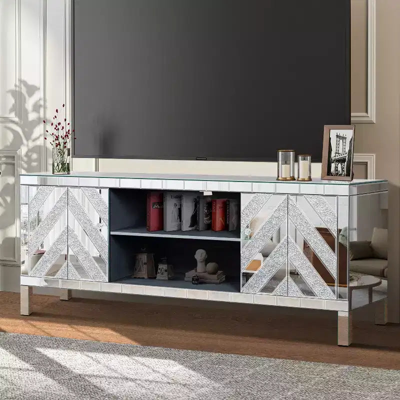 Mueble de TV de mediados de siglo con estante abierto y 2 armarios, apto para hasta 65"