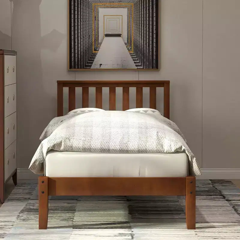 Cama de plataforma individual de madera de nogal con cabecero y piecero