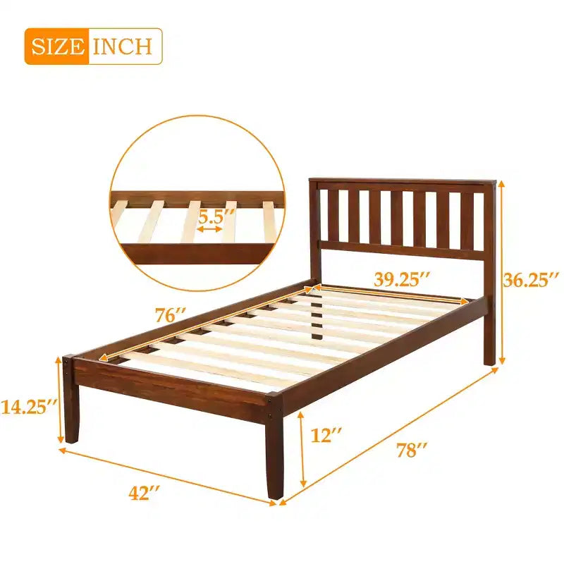 Cama de plataforma individual de madera de nogal con cabecero y piecero