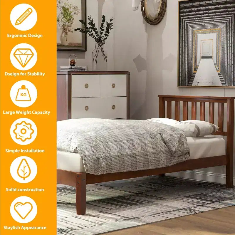 Cama de plataforma individual de madera de nogal con cabecero y piecero