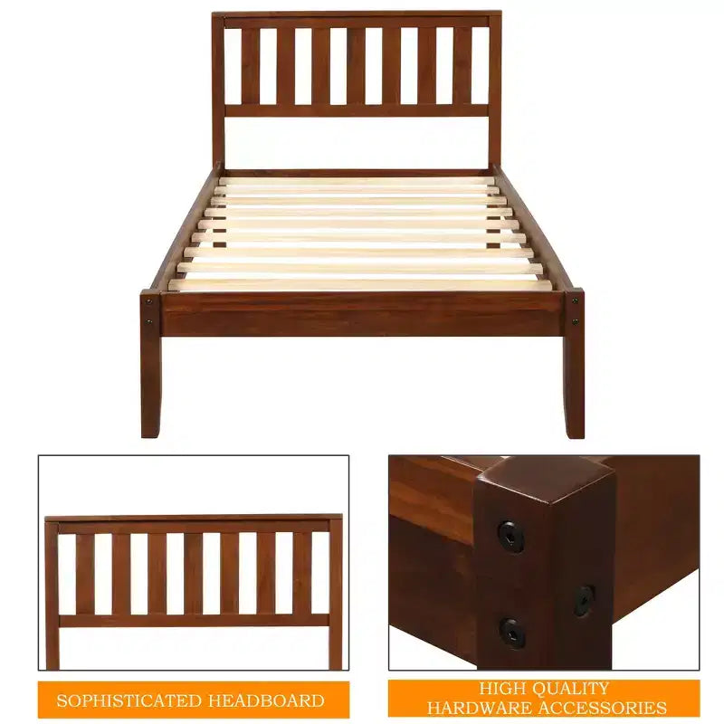 Cama de plataforma individual de madera de nogal con cabecero y piecero
