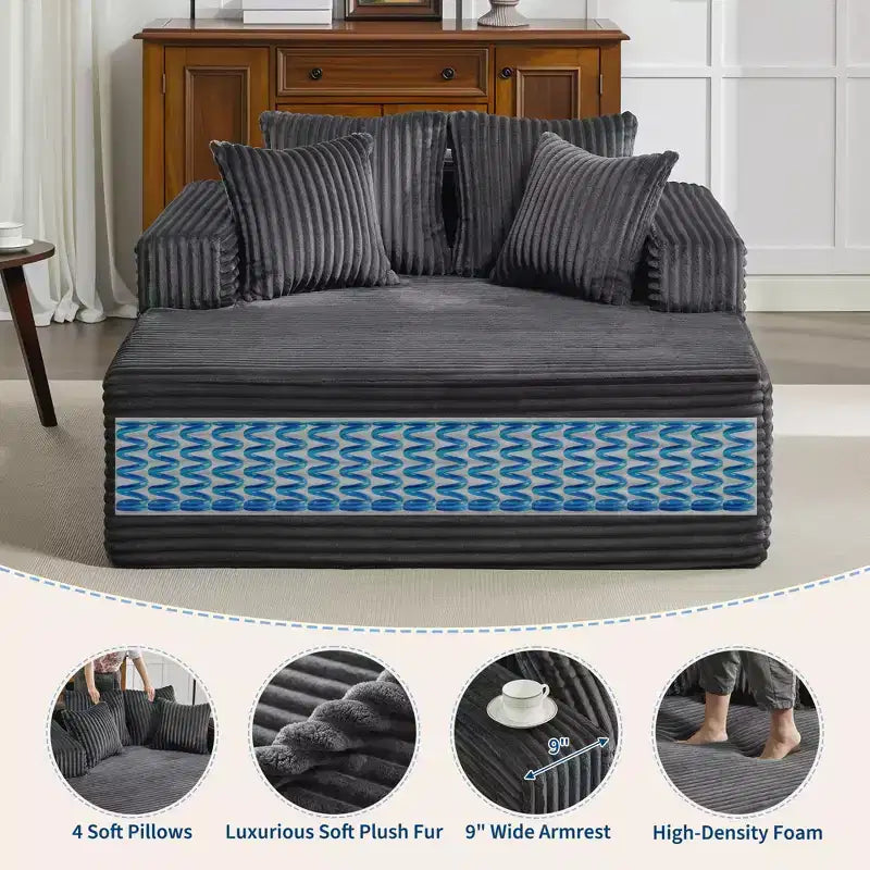 Chaise longue extragrande de pana beige/negra/gris/verde/blanca, sofá deshuesado para 2 personas con 4 almohadas