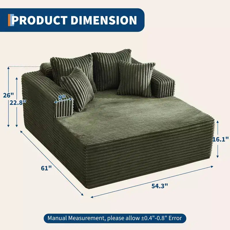 Chaise longue extragrande de pana beige/negra/gris/verde/blanca, sofá deshuesado para 2 personas con 4 almohadas