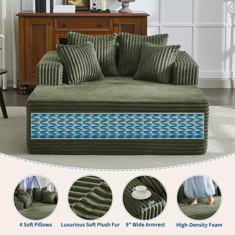 Chaise longue extragrande de pana beige/negra/gris/verde/blanca, sofá deshuesado para 2 personas con 4 almohadas