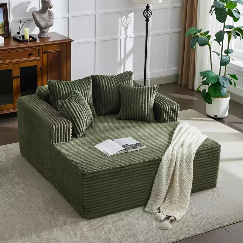 Chaise longue extragrande de pana beige/negra/gris/verde/blanca, sofá deshuesado para 2 personas con 4 almohadas