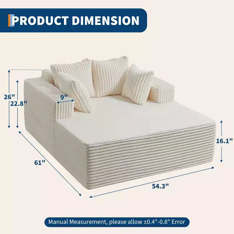 Chaise longue extragrande de pana beige/negra/gris/verde/blanca, sofá deshuesado para 2 personas con 4 almohadas