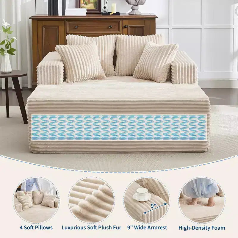 Chaise longue extragrande de pana beige/negra/gris/verde/blanca, sofá deshuesado para 2 personas con 4 almohadas