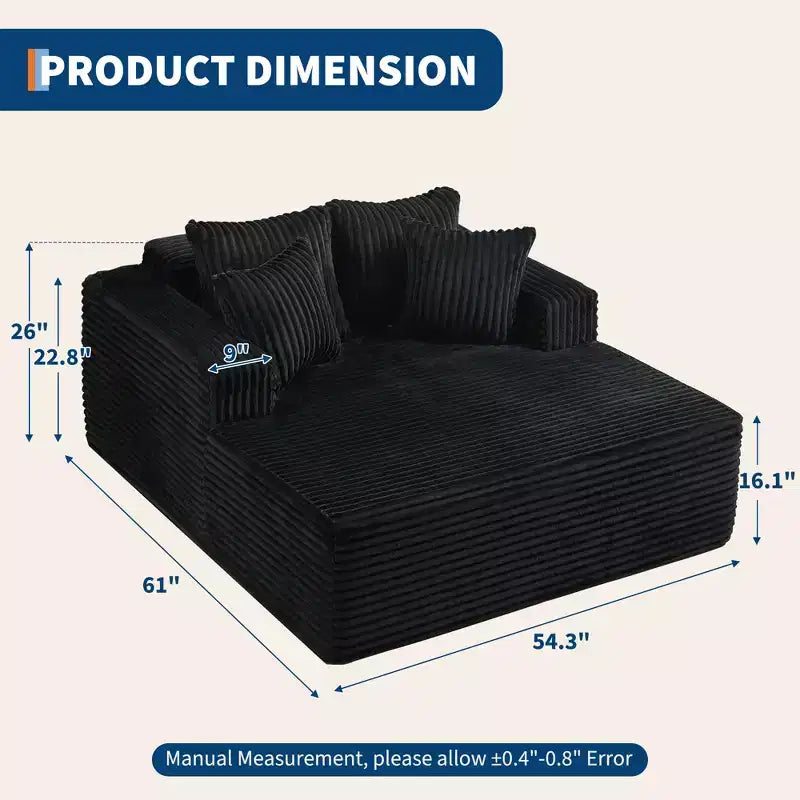 Chaise longue extragrande de pana beige/negra/gris/verde/blanca, sofá deshuesado para 2 personas con 4 almohadas