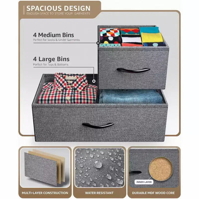 Cómoda de tela de 8 cajones multicolor con estructura de acero y tapa de madera