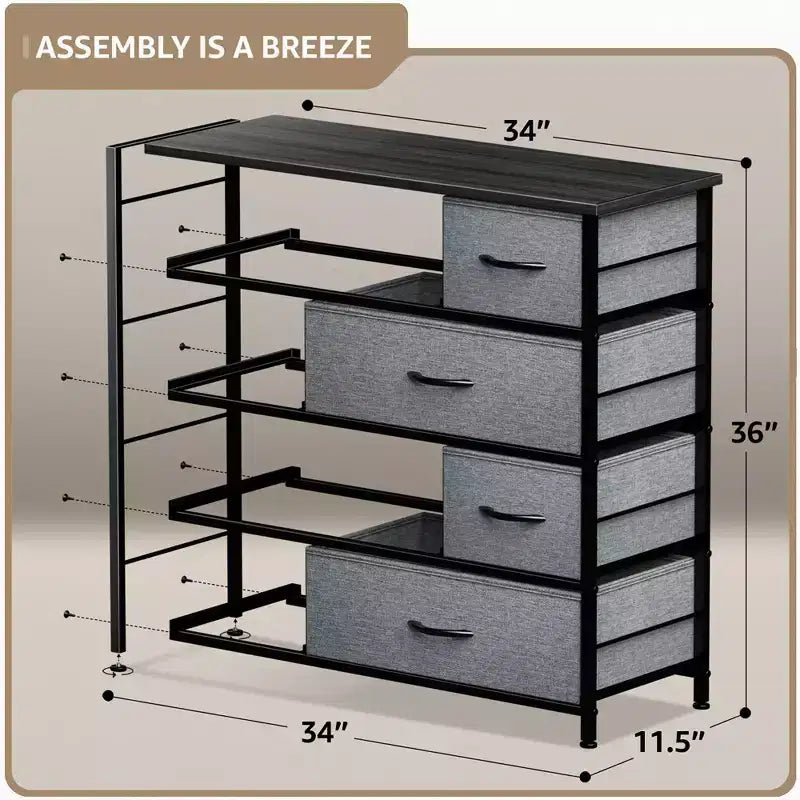 Cómoda de tela de 8 cajones multicolor con estructura de acero y tapa de madera