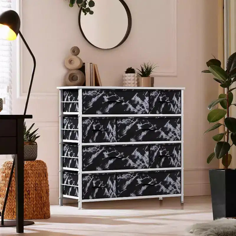 Cómoda de tela de 8 cajones multicolor con estructura de acero y tapa de madera
