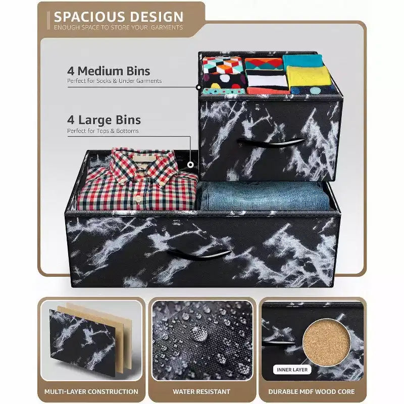 Cómoda de tela de 8 cajones multicolor con estructura de acero y tapa de madera