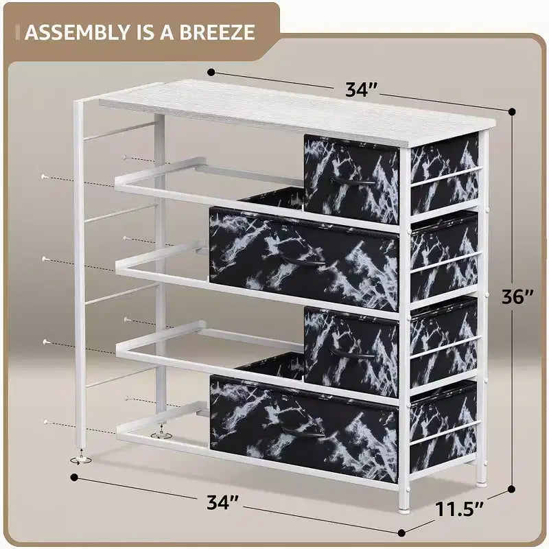 Cómoda de tela de 8 cajones multicolor con estructura de acero y tapa de madera