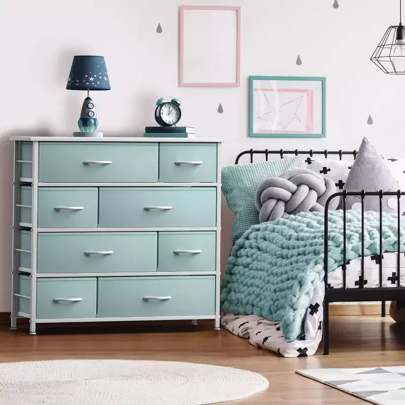 Cómoda de tela de 8 cajones multicolor con estructura de acero y tapa de madera