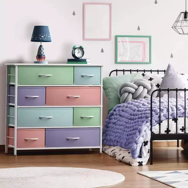 Cómoda de tela de 8 cajones multicolor con estructura de acero y tapa de madera