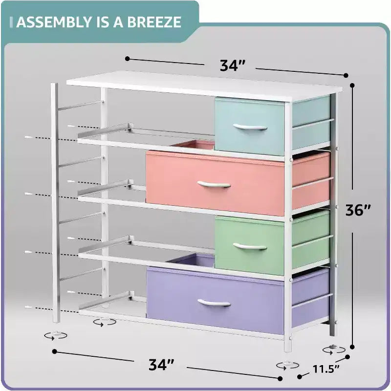 Cómoda de tela de 8 cajones multicolor con estructura de acero y tapa de madera