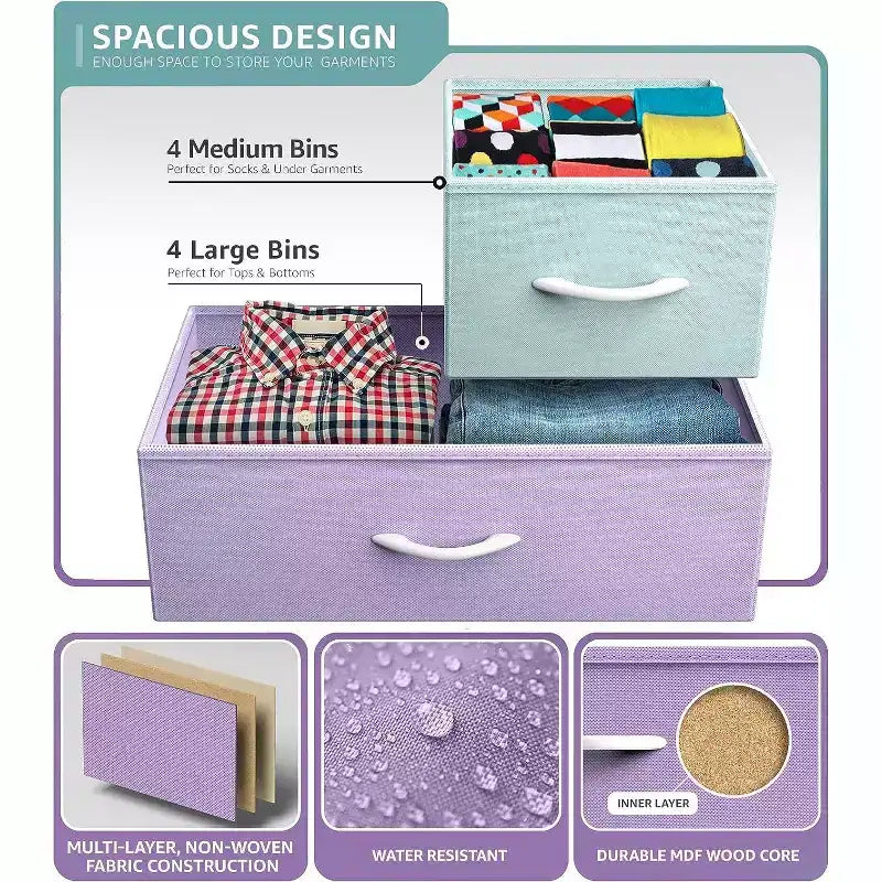 Cómoda de tela de 8 cajones multicolor con estructura de acero y tapa de madera
