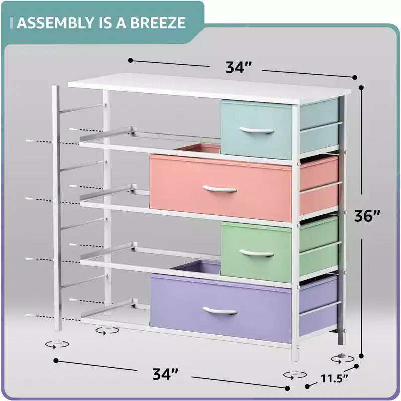 Cómoda de tela de 8 cajones multicolor con estructura de acero y tapa de madera
