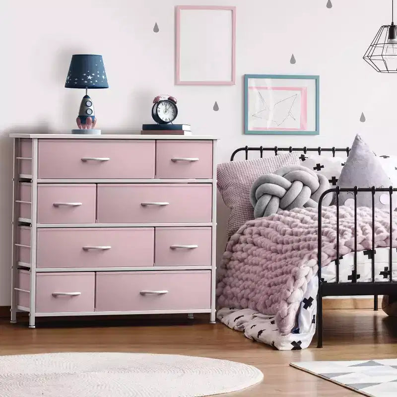 Cómoda de tela de 8 cajones multicolor con estructura de acero y tapa de madera