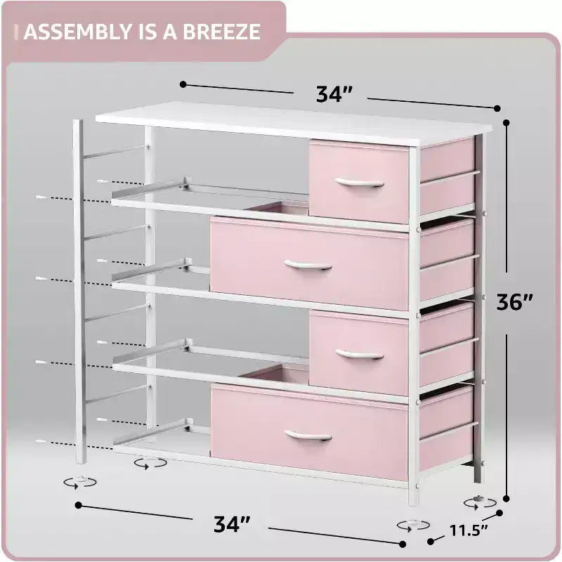 Cómoda de tela de 8 cajones multicolor con estructura de acero y tapa de madera