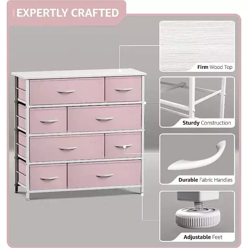 Cómoda de tela de 8 cajones multicolor con estructura de acero y tapa de madera