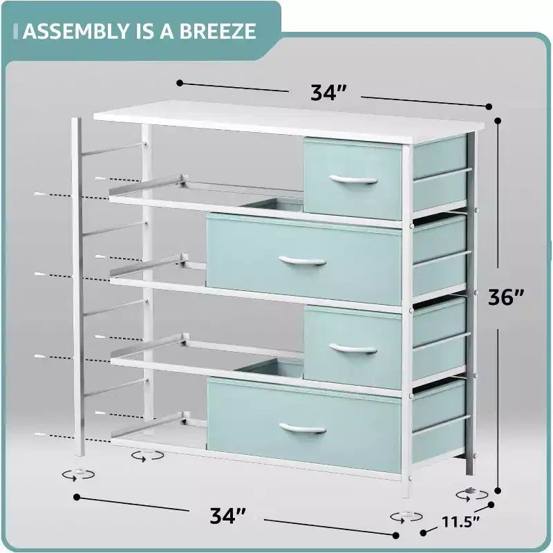 Cómoda de tela de 8 cajones multicolor con estructura de acero y tapa de madera
